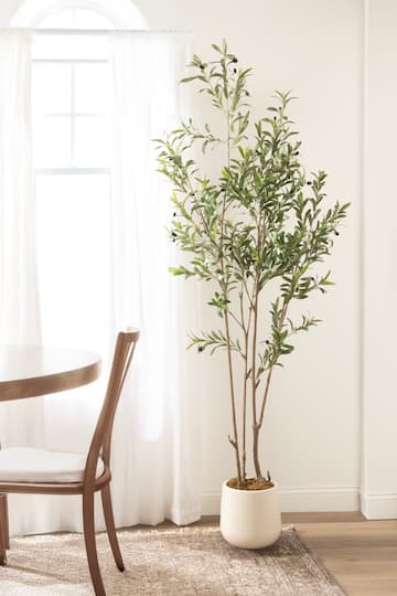 Kate and Laurel 7ft. Oliveira Faux Olive Tree with Jia Curved Cream Planter